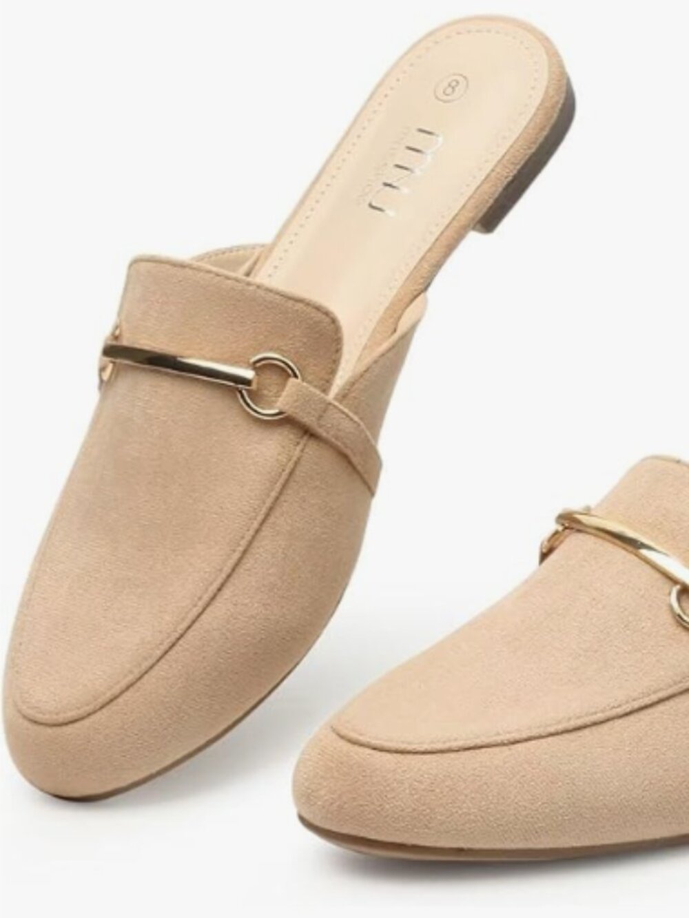 Beige/Taupe Suede Backless Mule Loafers w/ Gold Horsebit – Chic Slip-On Flats